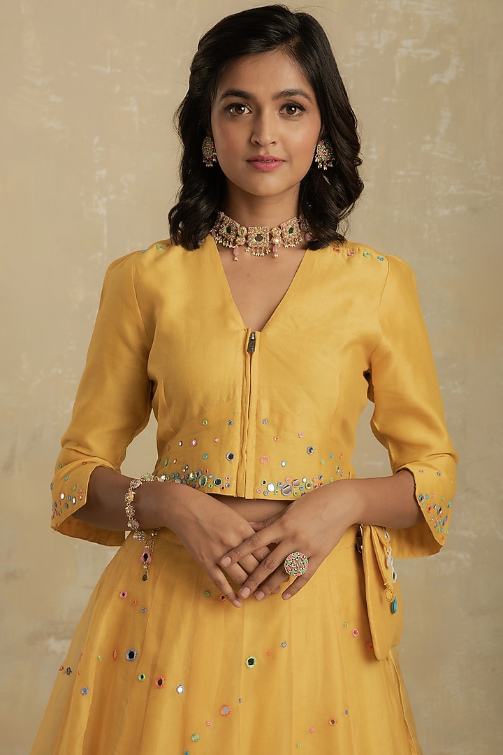 Yellow Embroidered Wedding Lehenga Set by Charkhee at Pernia's Pop Up Shop