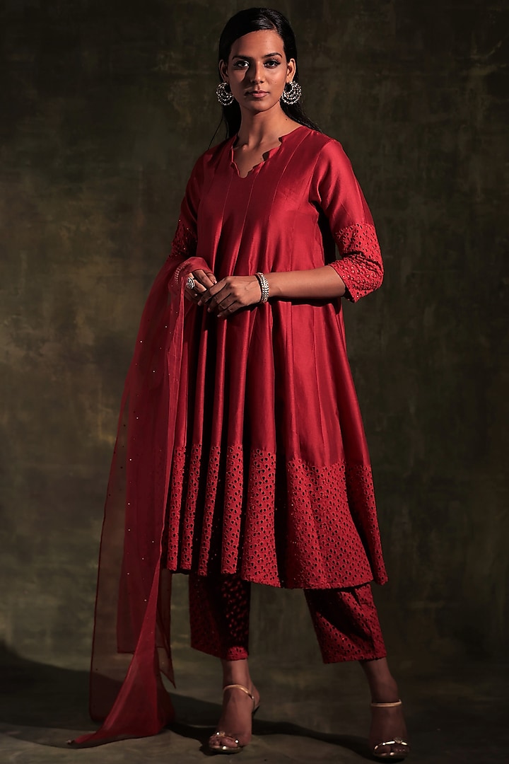 Dark Red Embroidered Kalidar Kurta Set by Charkhee at Pernia's Pop Up Shop