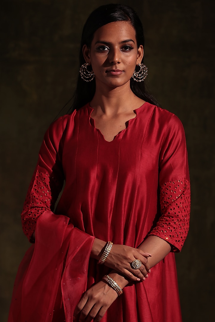 Dark Red Embroidered Kalidar Kurta Set by Charkhee at Pernia's Pop Up Shop