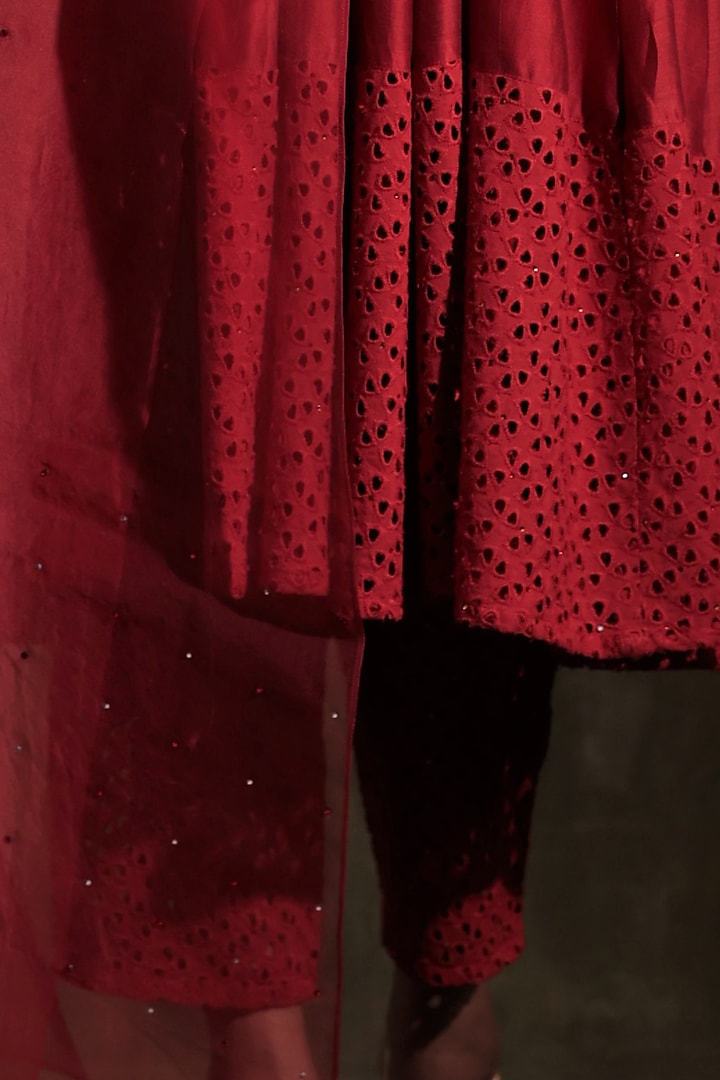 Dark Red Embroidered Kalidar Kurta Set by Charkhee at Pernia's Pop Up Shop