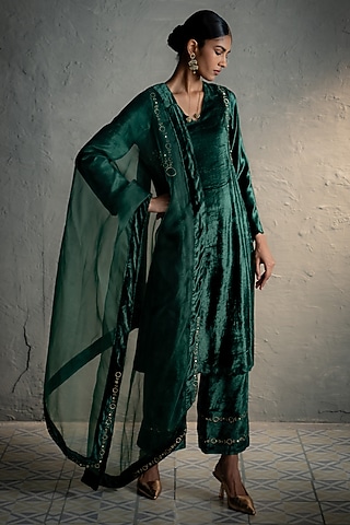 Green Velvet Embroidered Kurta Set by Charkhee
