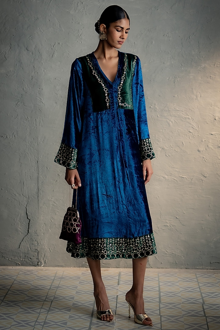 Blue Velvet Sequins Embroidered Midi Vacation Dress by Charkhee at Pernia's Pop Up Shop