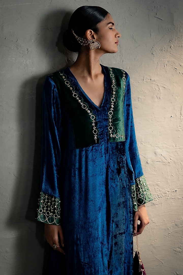 Blue Velvet Sequins Embroidered Midi Vacation Dress by Charkhee at Pernia's Pop Up Shop