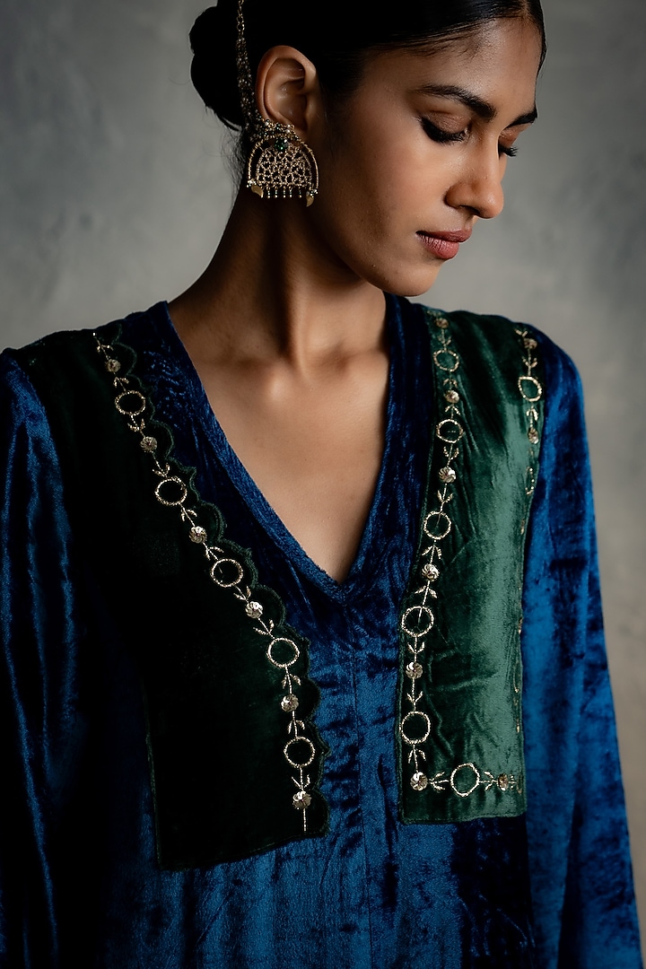 Blue Velvet Sequins Embroidered Midi Vacation Dress by Charkhee at Pernia's Pop Up Shop