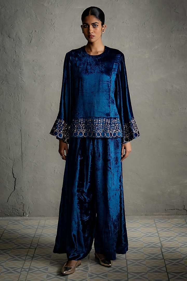 Blue Velvet Embroidered Co-Ord Set by Charkhee at Pernia's Pop Up Shop