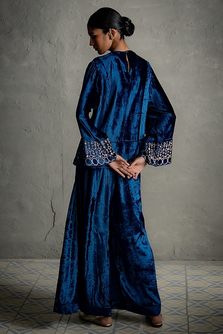 Blue Velvet Embroidered Co-Ord Set by Charkhee at Pernia's Pop Up Shop