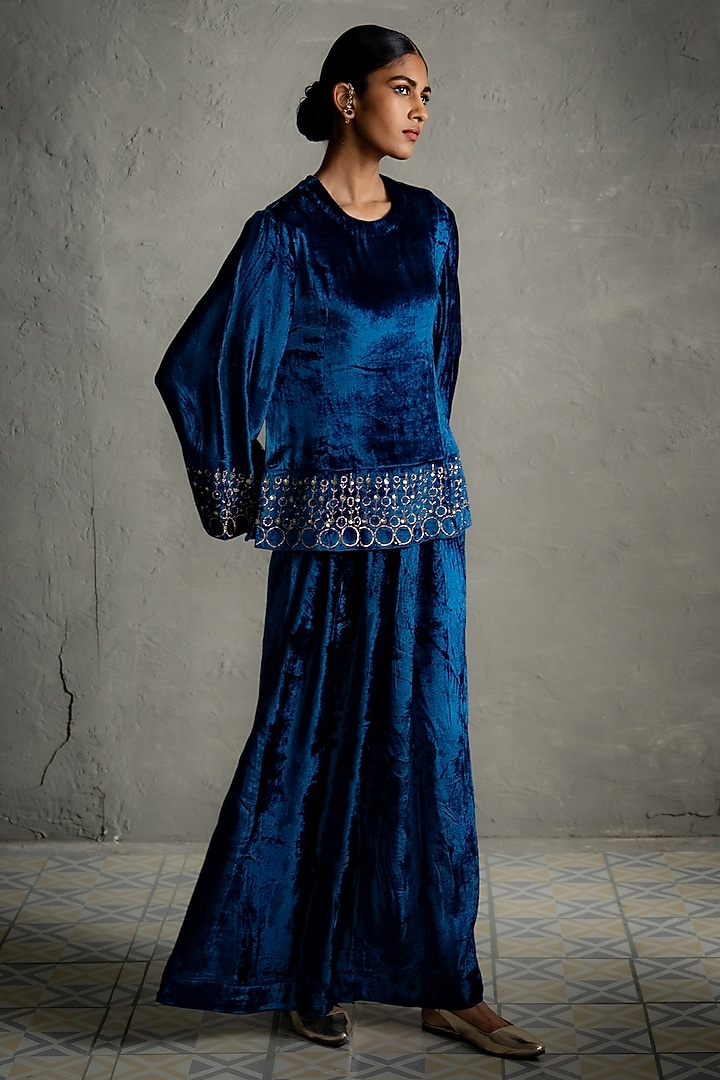 Blue Velvet Embroidered Co-Ord Set by Charkhee at Pernia's Pop Up Shop