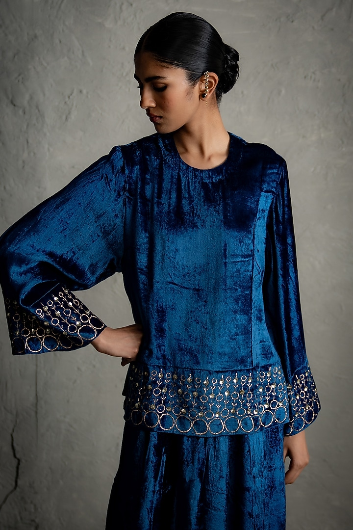 Blue Velvet Embroidered Co-Ord Set by Charkhee at Pernia's Pop Up Shop
