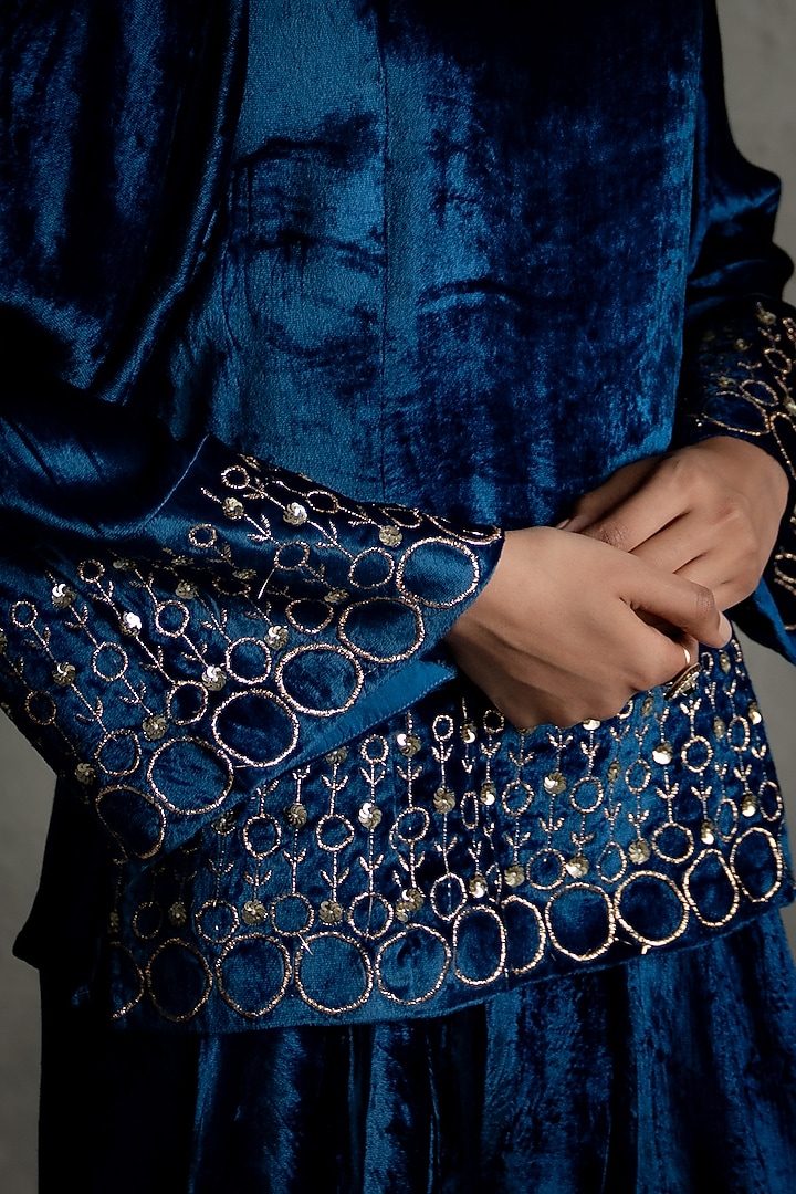 Blue Velvet Embroidered Co-Ord Set by Charkhee at Pernia's Pop Up Shop