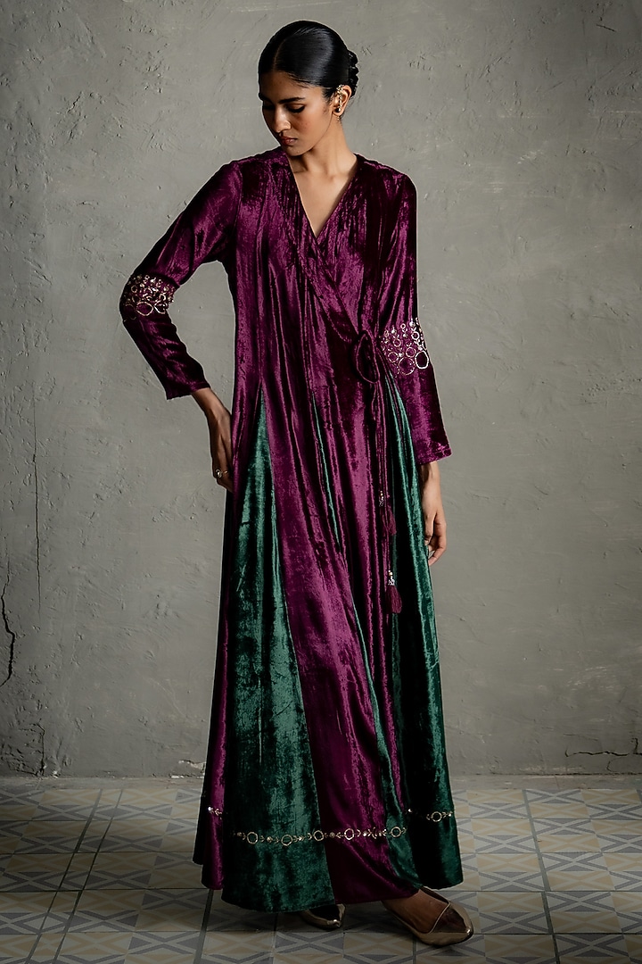 Pink Velvet Embroidered Kalidar Wrap Vacation Dress by Charkhee at Pernia's Pop Up Shop