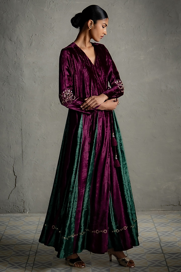 Pink Velvet Embroidered Kalidar Wrap Vacation Dress by Charkhee at Pernia's Pop Up Shop