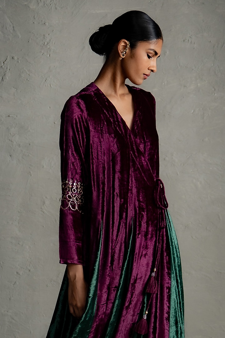 Pink Velvet Embroidered Kalidar Wrap Vacation Dress by Charkhee at Pernia's Pop Up Shop