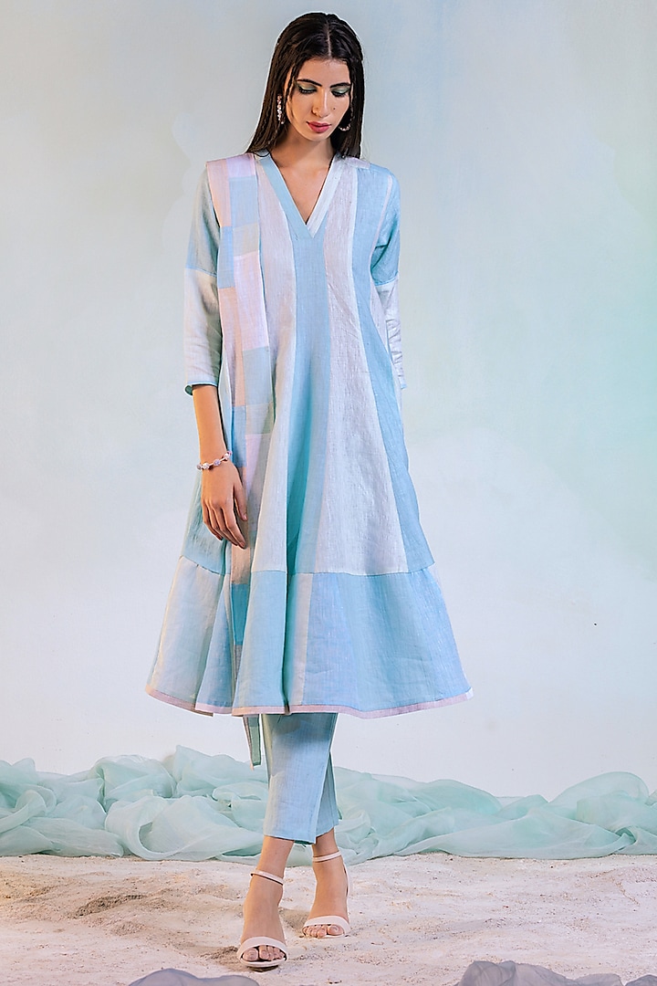 Aqua Blue & Green Linen Dress by Charkhee