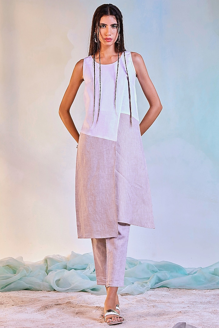 White & Beige Linen Kurta Set by Charkhee at Pernia's Pop Up Shop