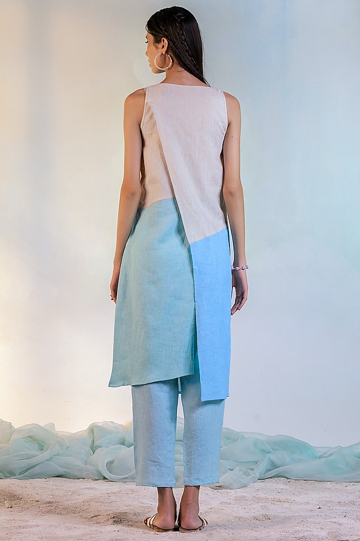 Beige & Aqua Blue Linen Kurta Set by Charkhee at Pernia's Pop Up Shop