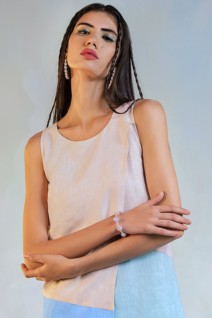 Beige & Aqua Blue Linen Kurta Set by Charkhee at Pernia's Pop Up Shop