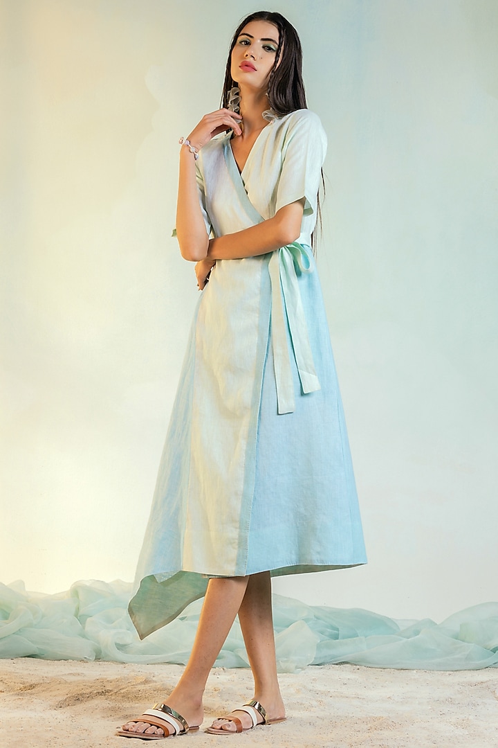 Aqua Green & Blue Linen Wrapped Dress by Charkhee