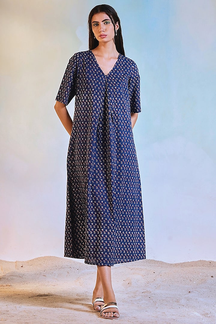 Navy Blue Block Printed Dress by Charkhee at Pernia's Pop Up Shop