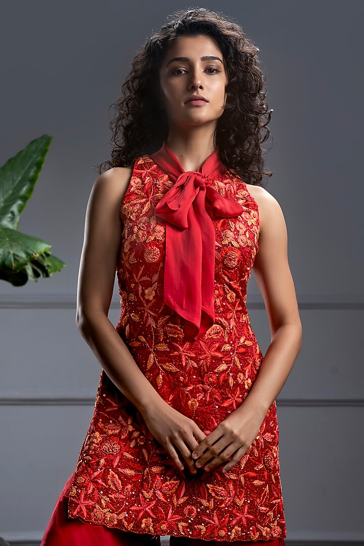 Red Satin Organza Layered Wedding Sharara Set by CHRISTINA at Pernia's Pop Up Shop