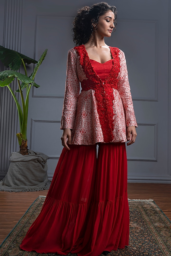 Red Georgette & Cotton Satin Layered Sharara Set by CHRISTINA