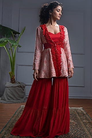 Red Georgette & Cotton Satin Layered Sharara Set by CHRISTINA