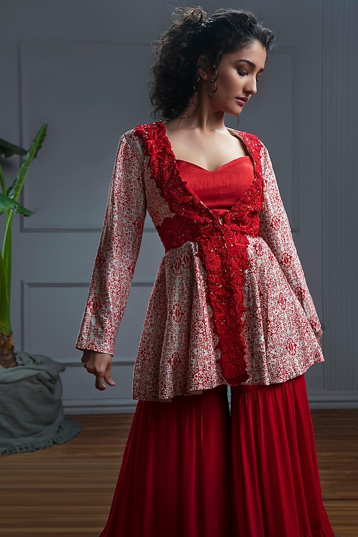 Red Georgette & Cotton Satin Layered Wedding Sharara Set by CHRISTINA at Pernia's Pop Up Shop