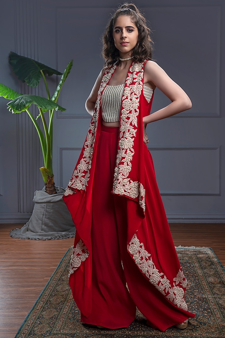 Red Crepe Embroidered Asymmetrical Jacket Set by CHRISTINA