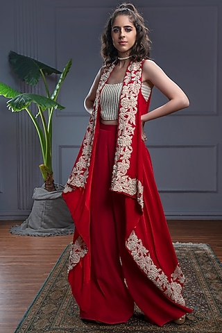 Red Crepe Embroidered Asymmetrical Jacket Set by CHRISTINA
