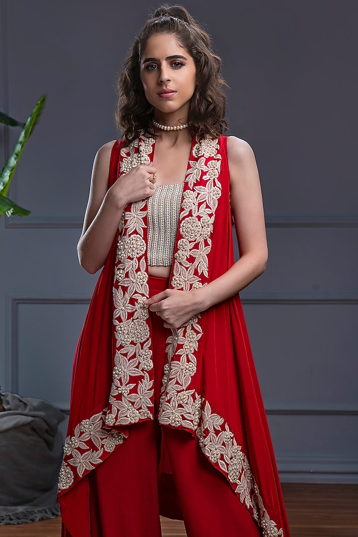 Red Crepe Embroidered Asymmetrical Jacket Set by CHRISTINA at Pernia's Pop Up Shop