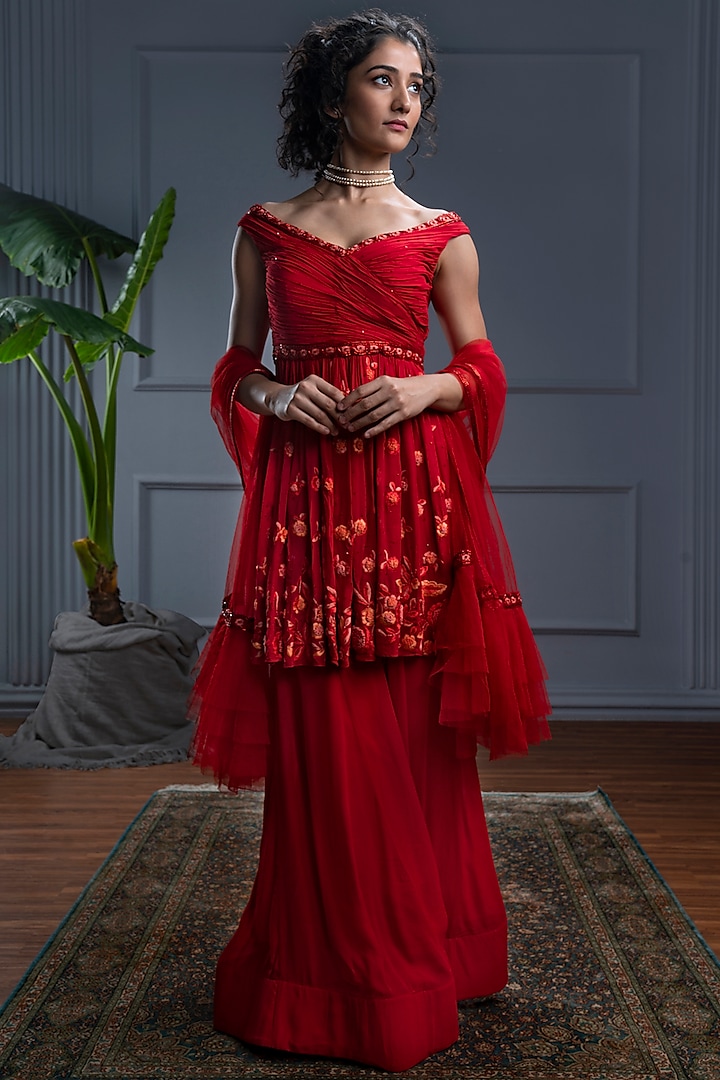 Red Georgette & Net Sharara Set by CHRISTINA