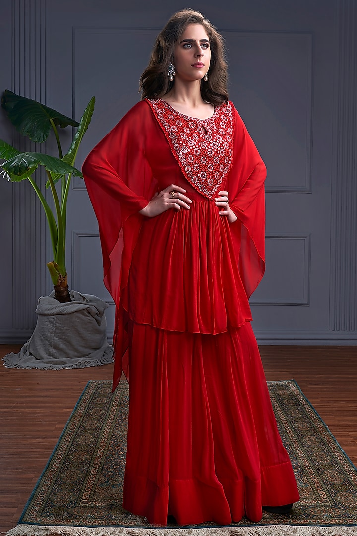 Red Georgette Embroidered Kaftan Set by CHRISTINA