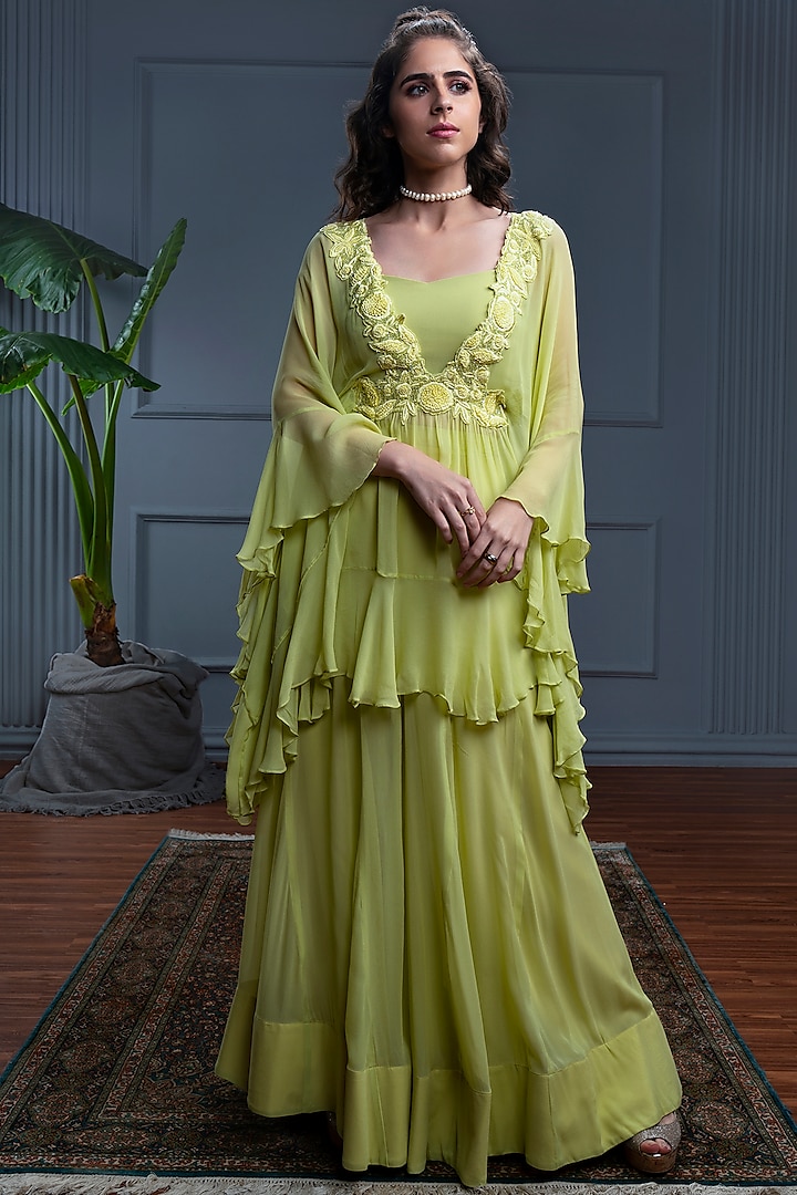 Yellow Georgette Embroidered Kaftan Set by CHRISTINA