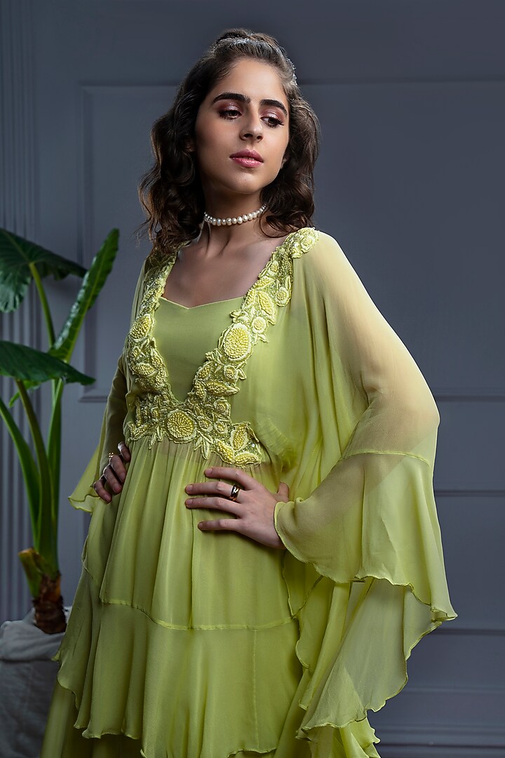 Yellow Georgette Embroidered Kaftan Set by CHRISTINA at Pernia's Pop Up Shop