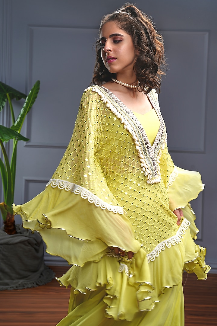 Yellow Georgette Embroidered Kaftan Set by CHRISTINA at Pernia's Pop Up Shop
