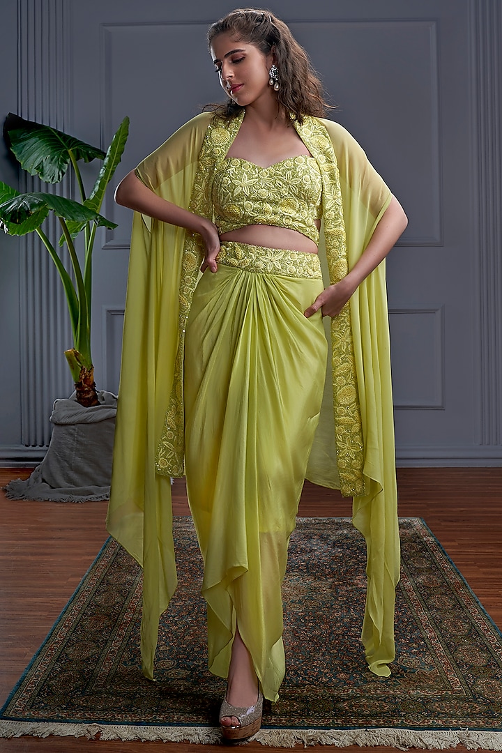 Yellow Georgette & Crepe Embroidered Cape Set by CHRISTINA