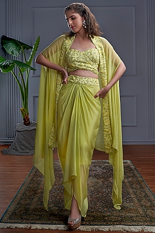 Yellow Georgette & Crepe Embroidered Cape Set by CHRISTINA