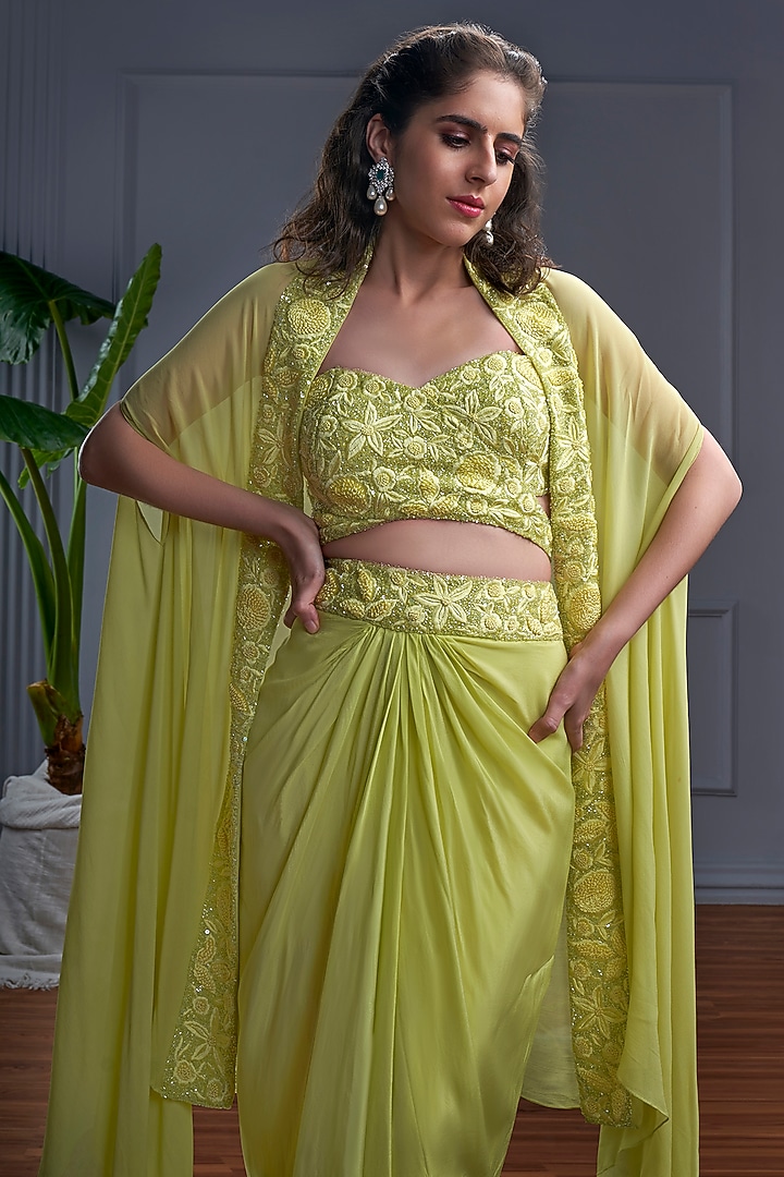 Yellow Georgette & Crepe Embroidered Cape Set by CHRISTINA at Pernia's Pop Up Shop