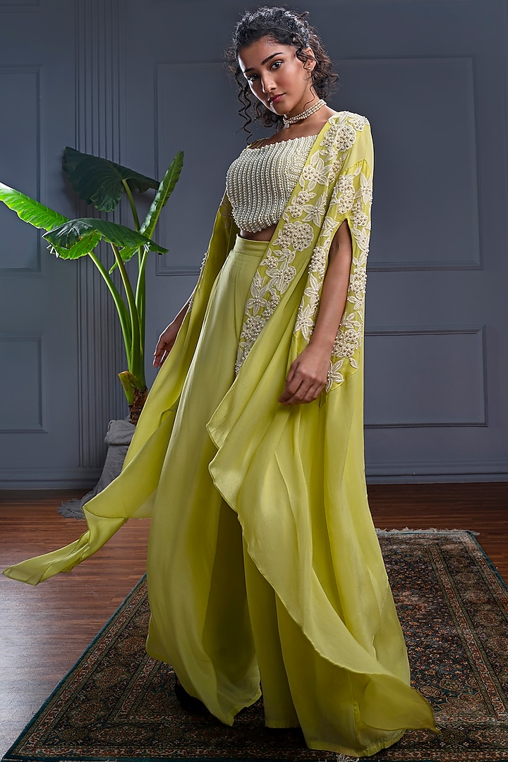 Yellow Crepe Pearl & Resham Embroidered Cape Set by CHRISTINA