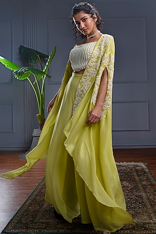 Yellow Crepe Pearl & Resham Embroidered Cape Set by CHRISTINA