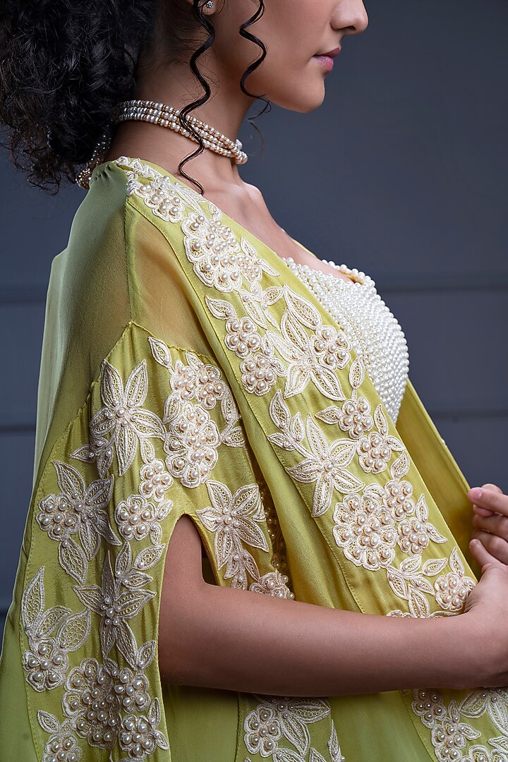 Yellow Crepe Pearl & Resham Embroidered Cape Set by CHRISTINA at Pernia's Pop Up Shop