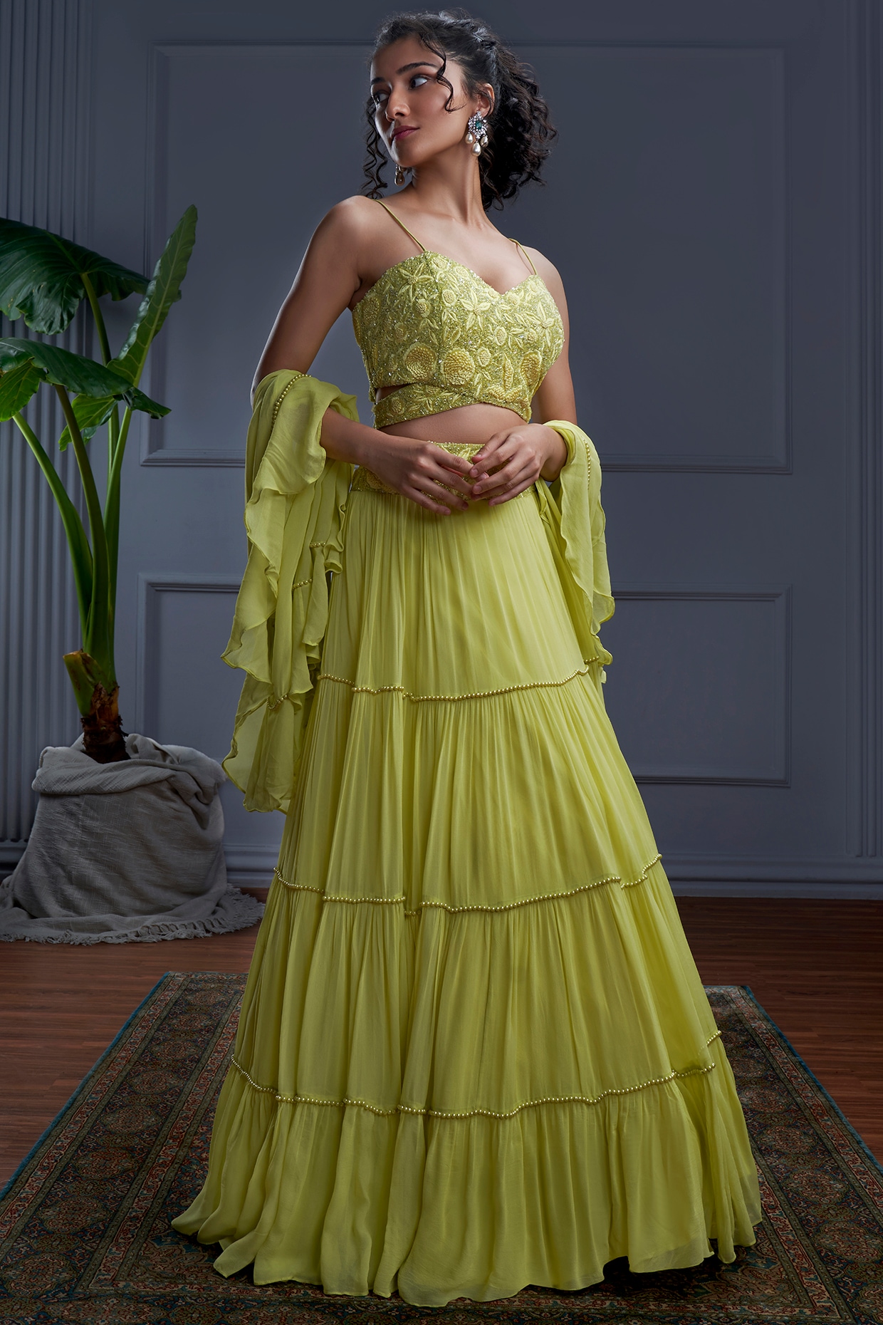 Green Organza Layered Lehenga Set For Girls Design by The Little celebs at  Pernia's Pop Up Shop 2024
