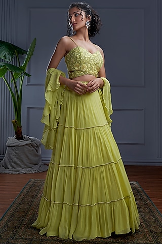 Lime Yellow Georgette Layered Lehenga Set by CHRISTINA