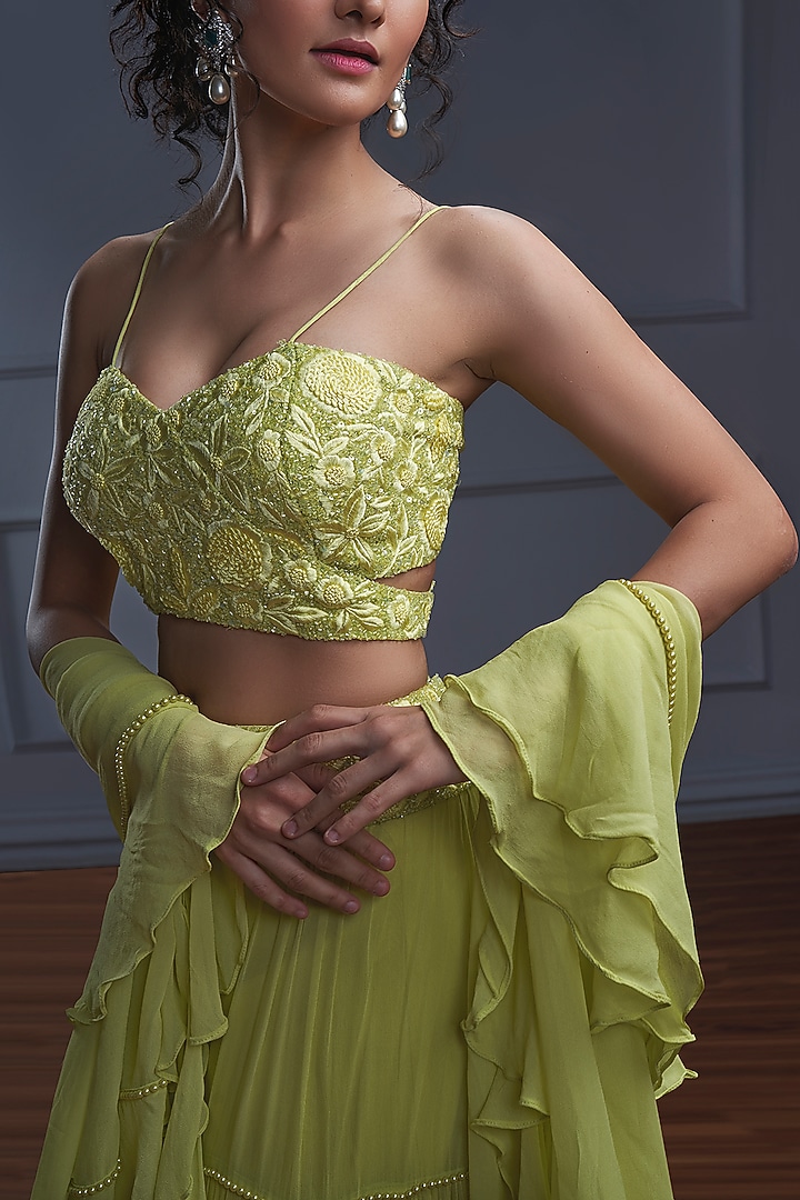 Lime Yellow Georgette Layered Wedding Lehenga Set by CHRISTINA at Pernia's Pop Up Shop