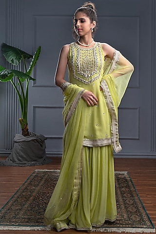 Lime Yellow Georgette & Chiffon Sharara Set by CHRISTINA