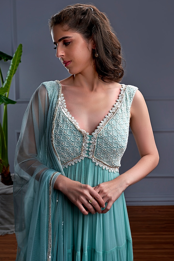 Marine Blue Georgette & Net Embroidered Wedding Anarkali Set by CHRISTINA at Pernia's Pop Up Shop