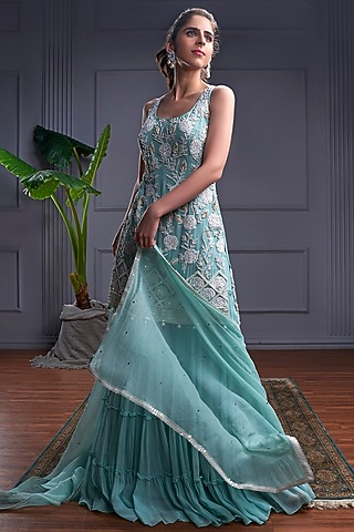 Marine Blue Georgette & Net Sharara Set by CHRISTINA