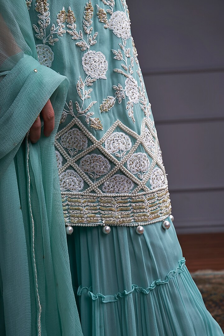 Marine Blue Georgette & Net Wedding Sharara Set by CHRISTINA at Pernia's Pop Up Shop