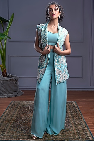 Marine Blue Raw Silk & Net Jacket Set by CHRISTINA