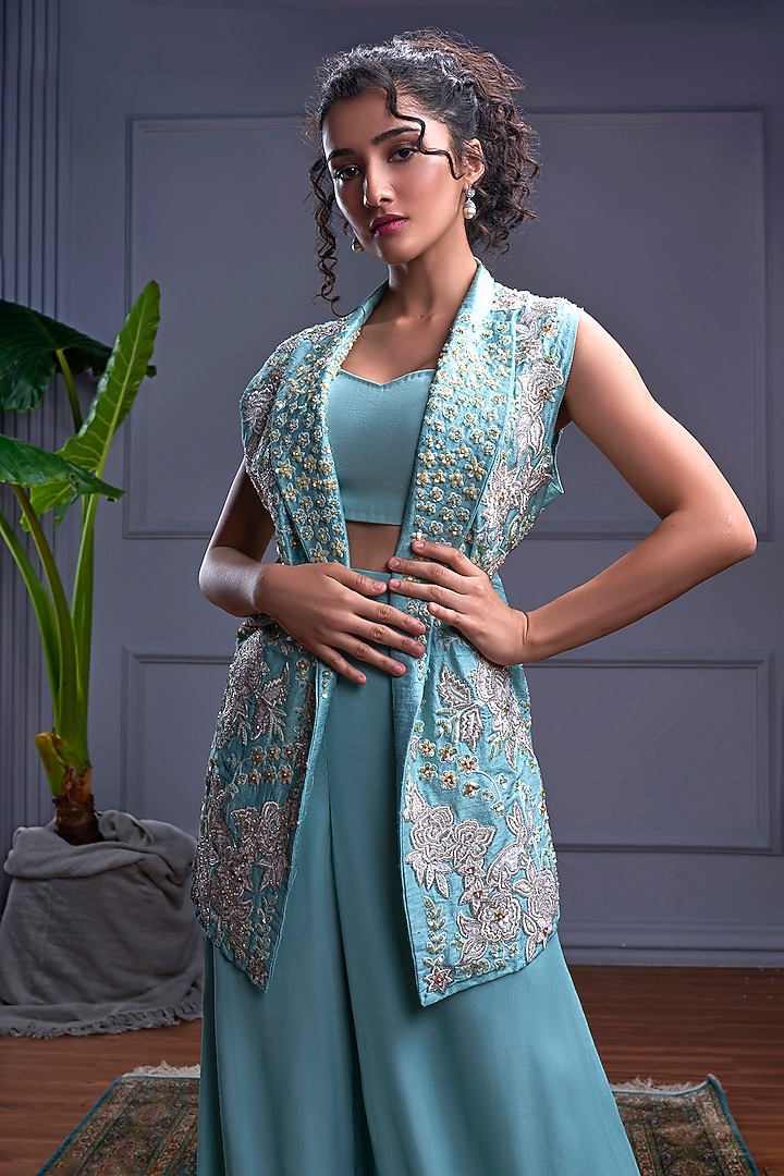 Marine Blue Raw Silk & Net Jacket Set by CHRISTINA at Pernia's Pop Up Shop