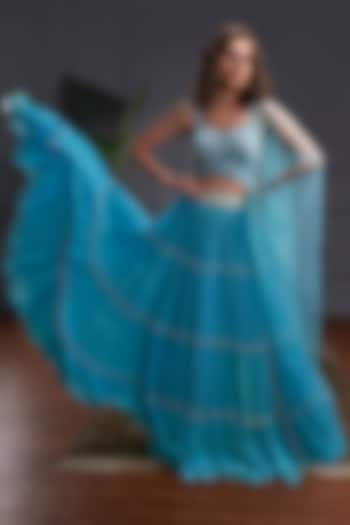 Marine Blue Georgette & Net Layered Lehenga Set by CHRISTINA